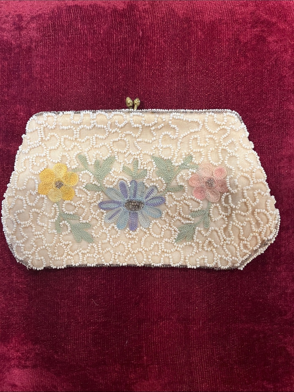 Vintage Ivory Beaded Floral Clutch made in Belgium